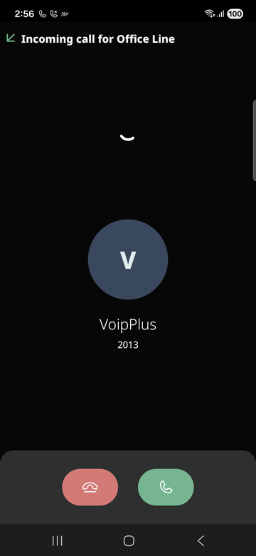 VoipPlus Android app incoming call screen with caller ID