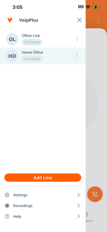 VoipPlus iPhone app side menu with multiple lines and connection status