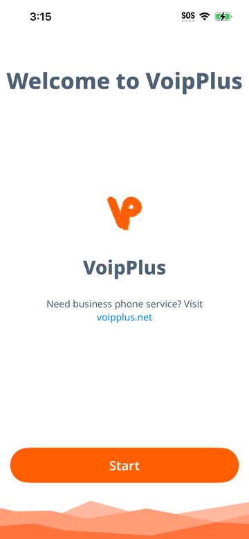VoipPlus iPhone app welcome screen with Get Started button